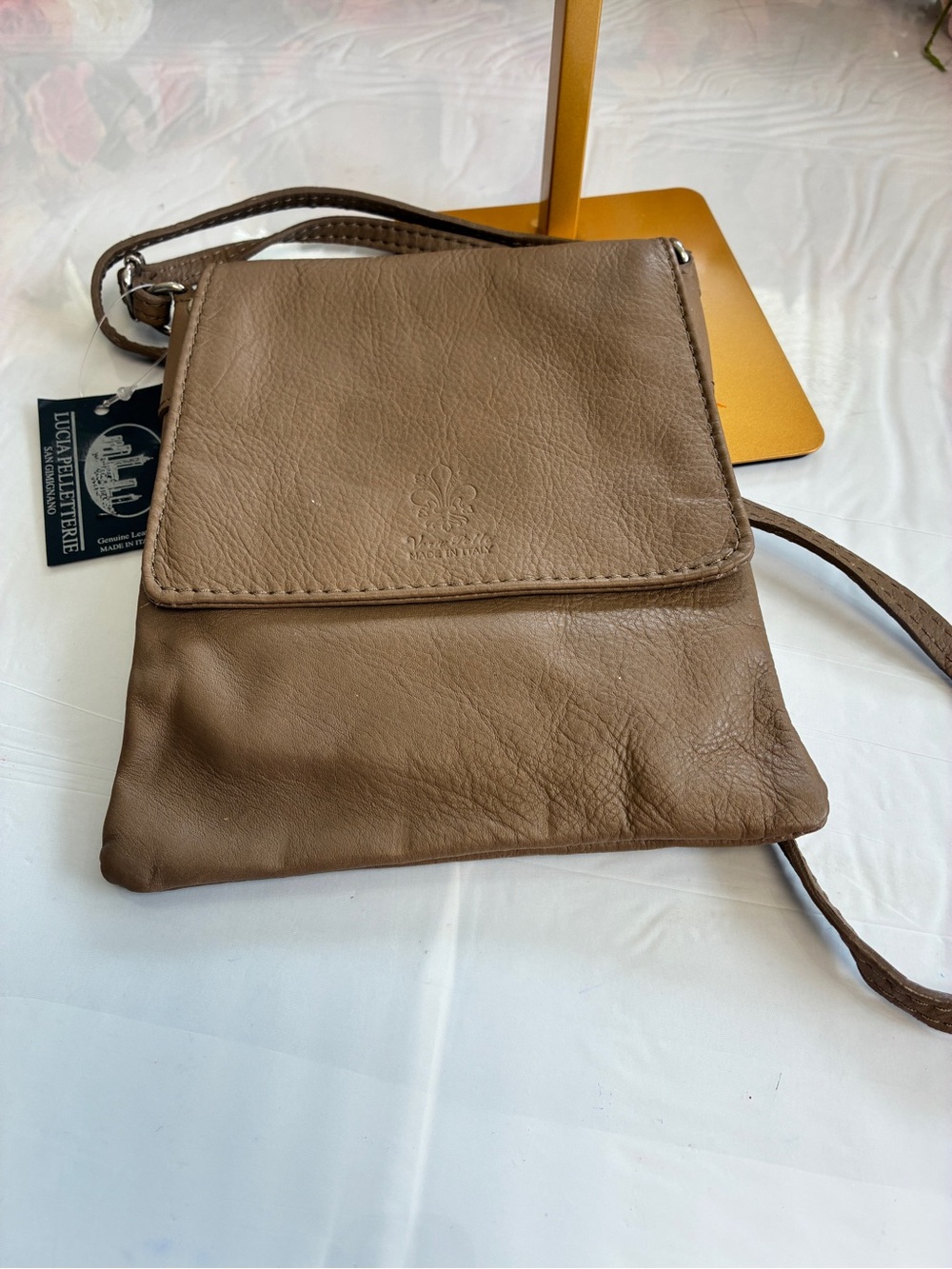 Lucia Pelletterie Vera Pelle Italian Leather Flap Crossbody Bag Taupe Italy